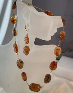 BEAUTIFUL CARVED Vintage Precious Topaz And 18k Necklace And Earrings Set - Picture 1 of 8