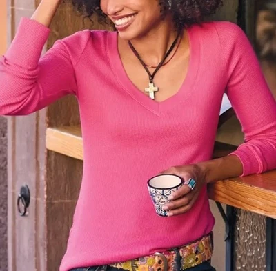 NUEVO Catálogo Sundance Voyager Top Térmico Manga Larga Cuello en V Mujer Rosa M Foto 1 de 4