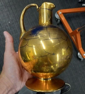 HTF Vintage Saint-Prex Switzerland Cobalt Art Glass Crackled Gold Ewer/Vase - Picture 1 of 24