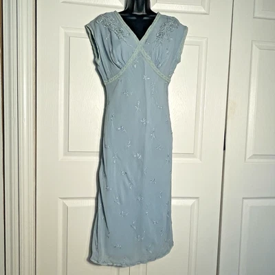 Vintage Y2K Newport News Dress Women 8 Blue Embroidered Lace Babydoll Midi Flaw - Image 1 of 4