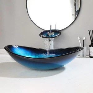 Oval Black Bathroom Glass Vessel Sinks Art Blue Basin Bowl Combo Mixer Tap Drain - Picture 1 of 10