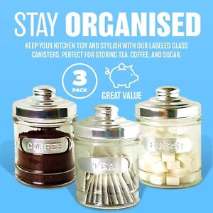 SET OF 3 KITCHEN GLASS TEA COFFEE SUGAR STAINLESS STEEL LID JAR CANISTER STORAGE