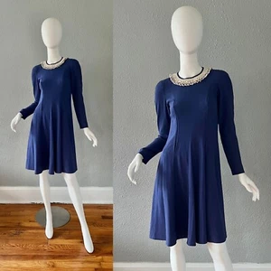 Vintage 80s Navy Blue Long Sleeve Mini Dress S - Picture 1 of 10