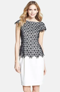 ADRIANNA PAPELL Size 14 Caged Lace Overlay Dress, white-black - Picture 1 of 7