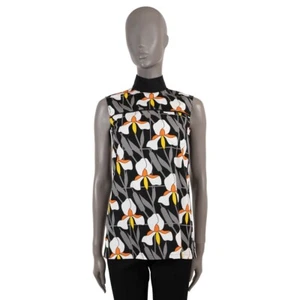 69472 auth PRADA grey black silk 2020 FLORAL SLEEVELESS Blouse Shirt 38 XS - Picture 1 of 6