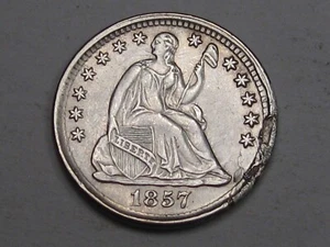 AU 1857 Silver Half Dime w/ Large Planchet Flaw @ 4:00 O'Clock & die clash on BS - Picture 1 of 7