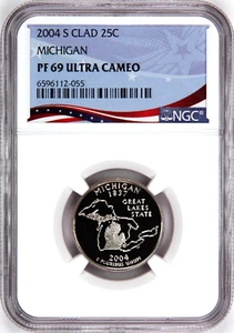 2004-S Proof State Quarter, Michigan, PF69 Ultra Cameo NGC, Patriotic Label - Picture 1 of 4