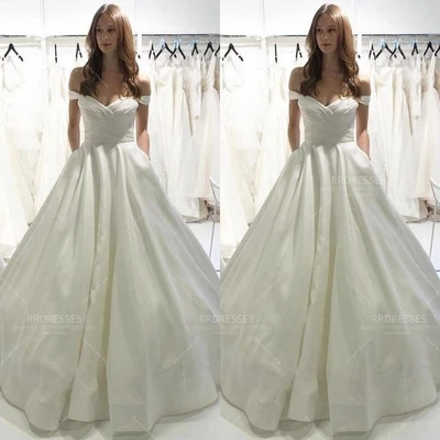 Satin Wedding Dresses White Ivory Off Shoulder Lace up Simple Bridal Gowns - Image 1 of 4