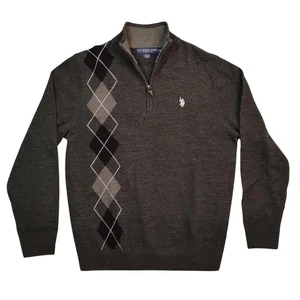 US Polo Assn Sweater Mens Medium Gray Argyle Half Zip Pullover Knit Classic - Picture 1 of 9