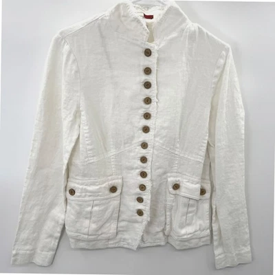 Tape Measure White Linen Jacket Size 6 Button Down High Collar Layer Moto Boho - Image 1 of 4