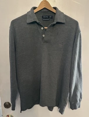 Nautica Long Sleeve Pullover Shirt, Solid Gray 3 Button Collared Pique Large L - Image 1 of 4