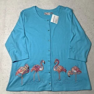 Quacker Factory Blouse Top Size XL Blue Flamingo Sequined Womens ¾ Sleeve New - Picture 1 of 11