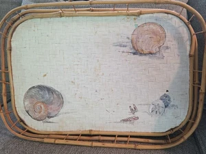 Vtg Bamboo Woven Serving Trays Hand-Painted Seashell & Sand Dollar Design (3) - Picture 1 of 10