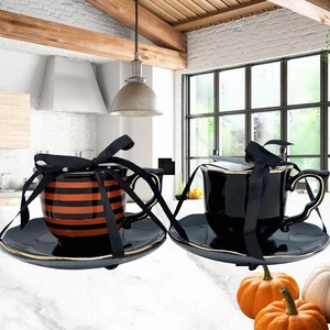 Potter's Studio Black & Orange Stripe & Black Gold Accent Teacup Set Halloween - Picture 1 of 8