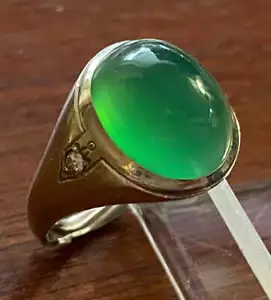 Vintage 14k White Gold Green Chalcedony Diamond Cabochon Ring Sz 5 - Picture 1 of 10