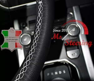 FOR RANGE ROVER L322 02-12 BLACK LEATHER STEERING WHEEL COVER WHITE DBL STIT - Imagen 1 de 2