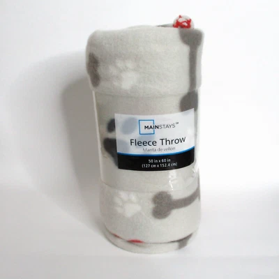 Manta polar Mainstays patas de perro huesos corazones invierno tamaño 50" x 60" gris Foto 1 de 4