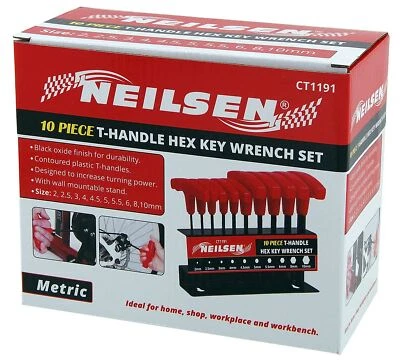 10pc T Handle Hex / Allen Key Wrench Set Metric Size 2mm To 10mm On Storage Rack - Image 1 of 3