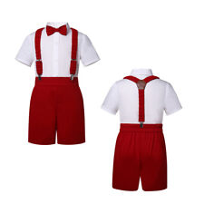 Gentleman Boys Holiday Formal Suit Outfits 4 Pieces White Tops + Red Shorts Bow