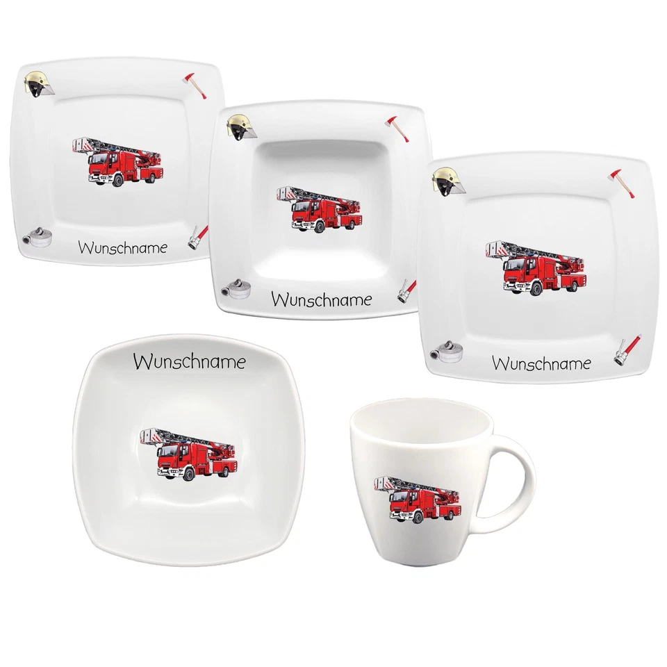 Kindergeschirr Feuerwehr Porzellan Set - Personalisiert mit Wunschname - Bild 1 von 1