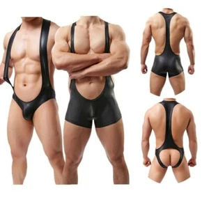 Mens Stretch Leotard Fetish Jockstrap Wet Look Jumpsuit Sports Wrestling Singlet - Picture 1 of 19