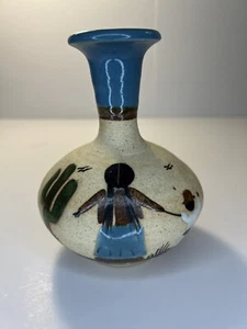 Sandstone Mexican Folk Art Pottery Vase 10” Mother Son Scene Artist Signed - Picture 1 of 10