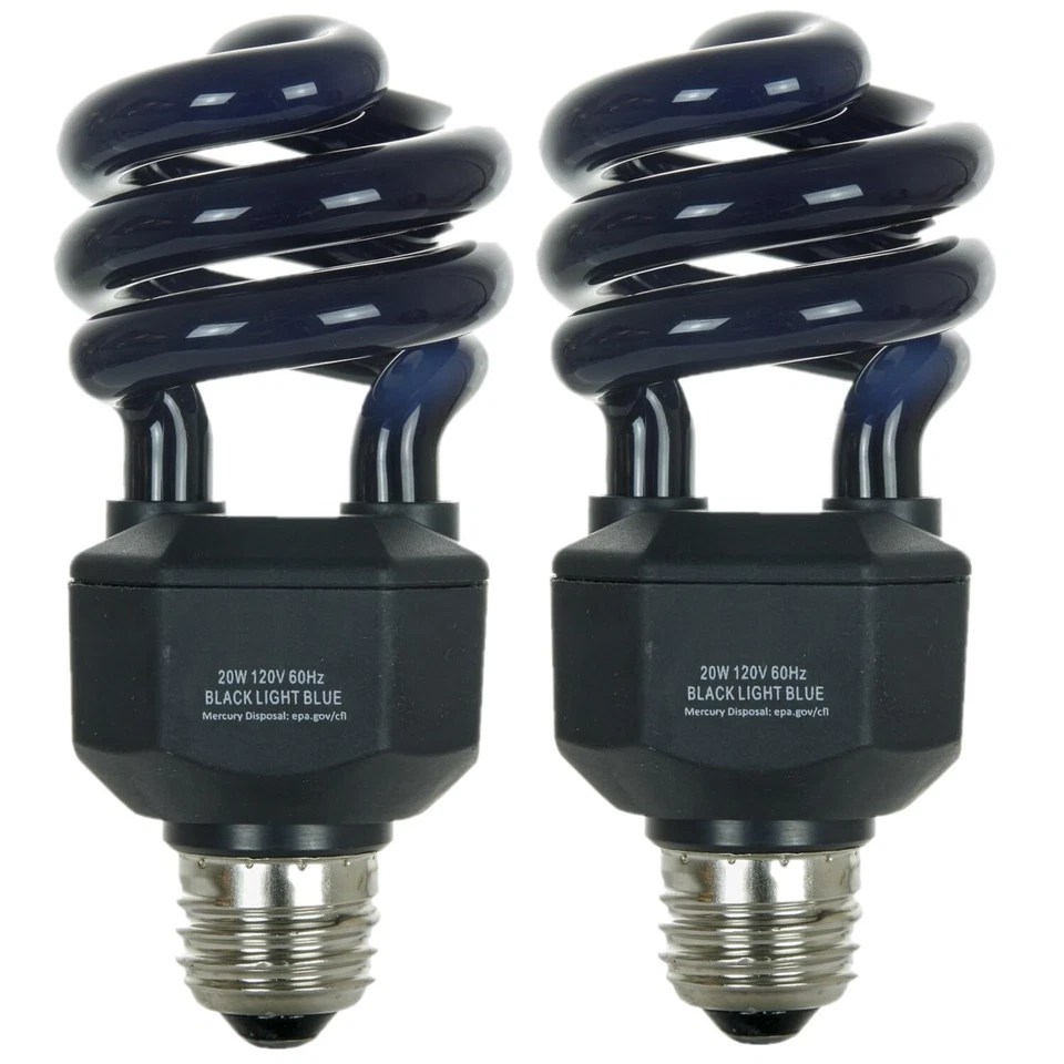 2Pack CFL Spiral Blacklight Bulb, T3 Compact Fluorescent, 20W, E26, 15LM, 120V - Image 1 of 4