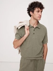 NWT Men’s Banana Republic Waffle Knit Polo LARGE Dark Cypress Green Cotton - Picture 1 of 13