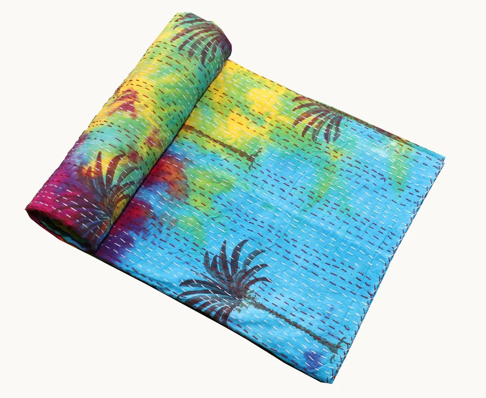 Indian Hand Block Palm Print twin Cotton Handmade Kantha Quilt Throw Blanket - Image 1 of 3