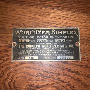 1936  Wurlitzer Model 412 Original ID Tag