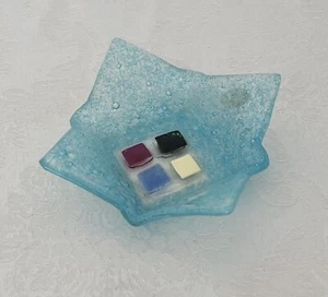 Vintage Murano-style Fused Glass 4” Trinket Dish • Aqua Blue with ‘Bubbles’ - Picture 1 of 7