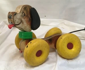 Fisher Price WOBBLES Dog # 130 Wooden Pull Toy Wheels Puppy 14" Vintage 1964 - Picture 1 of 12