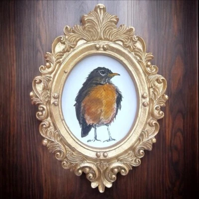 American Robin bird mini gold ornate framed print of watercolor painting - Image 1 of 3