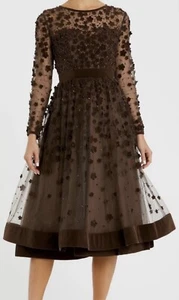 Mac Duggal Brown Embellished Illusion High Neck Long Sleeve Fit & Flare Dress 24 - Picture 1 of 9