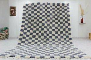Alfombra moderna marroquí hecha a mano bereber blanca gris a cuadros alfombra de tablero de ajedrez - Imagen 1 de 12