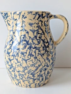 Blue Spongeware Stoneware Pitcher 1 QT Blue & Tan 6.5" x 4" Art Pottery Signed - Picture 1 of 7