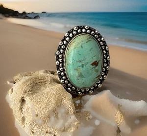 Size 8.5 Peruvian Turquoise Gemstone Ring - 925 Sterling Silver plated- New - Picture 1 of 4