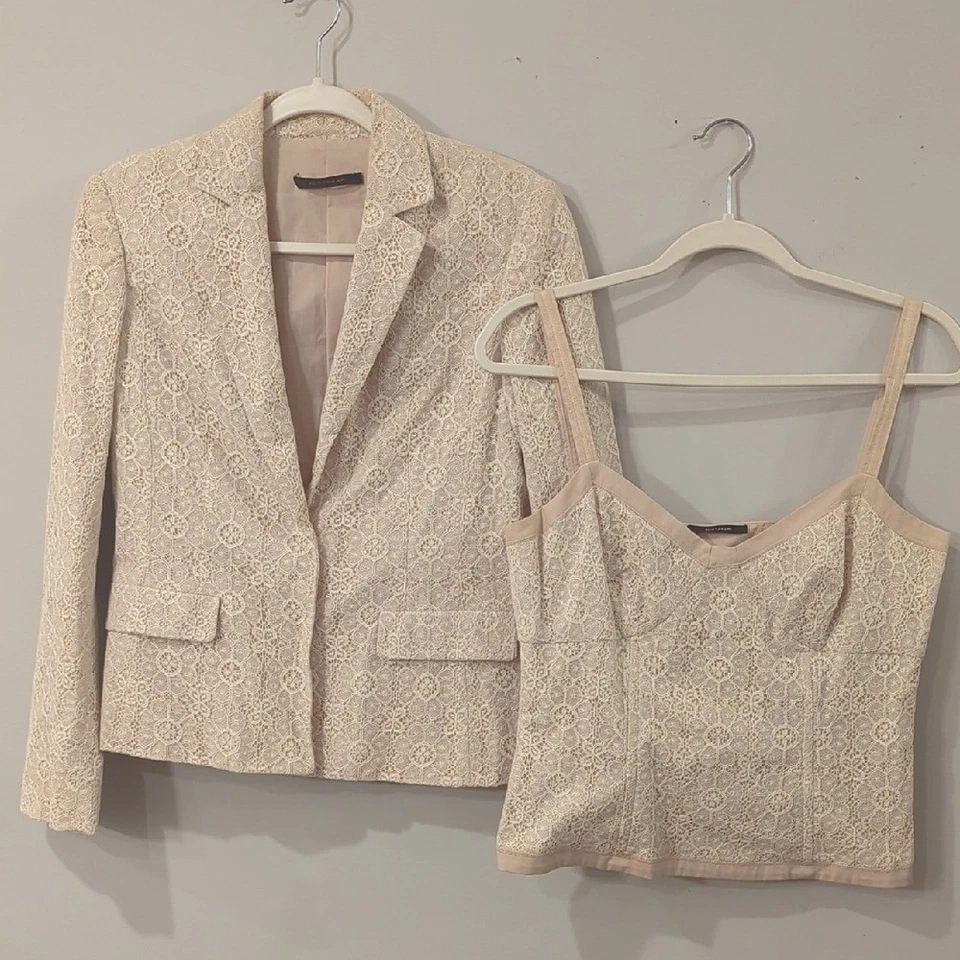 Conjunto Blazer y Top Elie Tahari Crema Encaje Talla 6 Foto 1 de 4