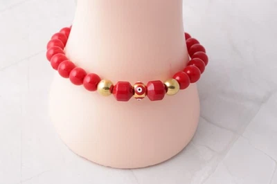 Pulsera de Coral Rojo Amuleto Protector Ojo Turco Mano Fátima Chapada En Oro  Foto 1 de 4