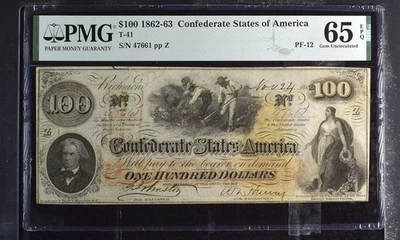 1862-63 $100 Confederate States of America Note T-41 PMG 65 EPQ - Image 1 of 2