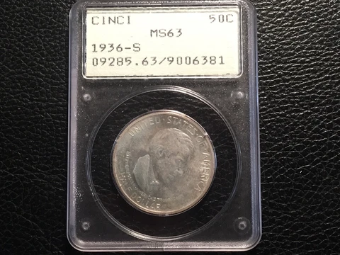Cincinnati Comm half 1936-S PCGS 63 Uncirculated First Generation Holder Rattler Cover