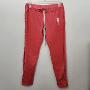 US POLO ASSN Women's Pink Pajama Bottoms Sweatpants Drawstring Crochet Size L - Picture 1 of 7