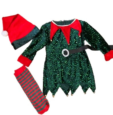 Christmas Elf Costume Girls Sz 7-8 Sequins  Dress Hat Socks Santa Xmas Bells - Image 1 of 4