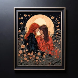 Two Girls LGBTQ+ Lesbian Art, Mystical Moon and Flowers Print, Celestial Floral - Picture 1 of 4