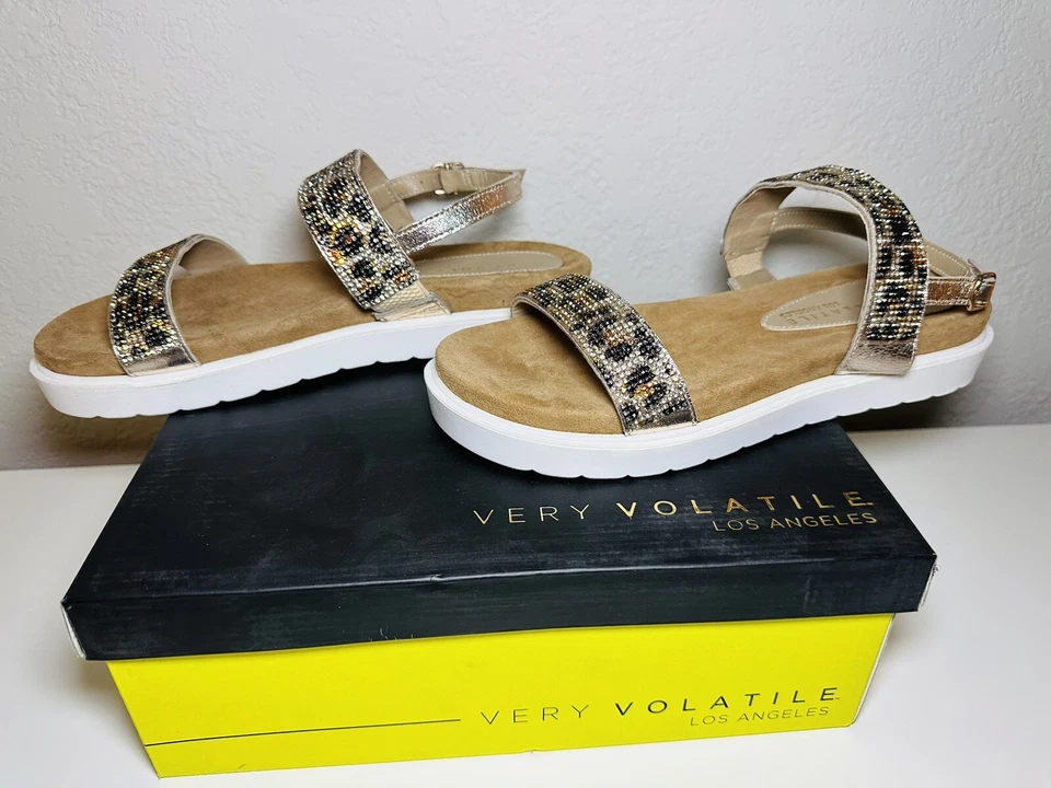 Very Volatile Hotness Tan Leopard Rhinestone Sandals Women's SIZE 8 NIB - Image 1 of 4