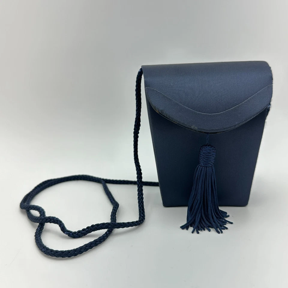 VALERIE STEVENS Vintage Crossbody Bag Blue Satin Tassel Fringe 5x6 Clutch Purse - Image 1 of 4