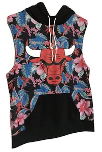 NBA Women’s M Hoodie Chicago Bulls Black Tropical Print Sleeveless Pullover - Picture 1 of 8
