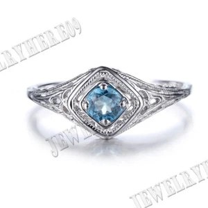 Solid 18K White Gold 4mm Swiss Blue Topaz Vintage Gem Engagement Wedding Ring - Picture 1 of 7
