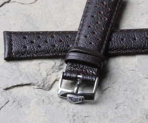 LAST ONES! Heuer buckle Autavia 20mm highly textured brown leather rally strap - Picture 1 of 6