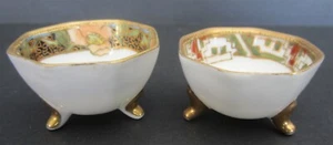 2 PC NIPPON VINTAGE 3 FOOTED OCTAGON PORCELAIN OPEN SALTS WHITE &GOLD MULTI #S12 - Picture 1 of 3